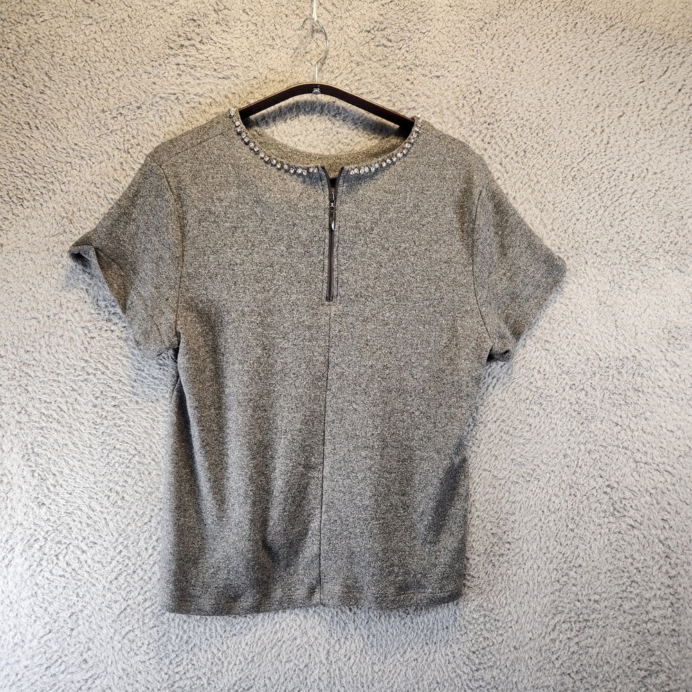 Paraphrase Shirt Womens Large Gray Short Sleeve Beaded Collar Zip Front Top